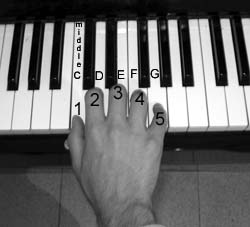 The C position on the piano. The thumb is placed on middle C, 2nd finger on D and the rest repectively.