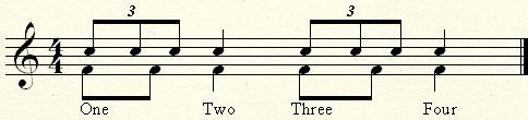 Comparing two eighth notes to three eighth notes over one quarter.