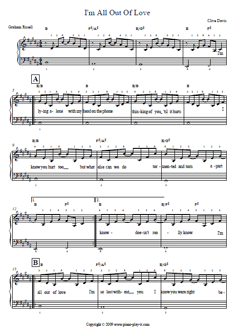 All Out of Love Air Supply Piano Tab