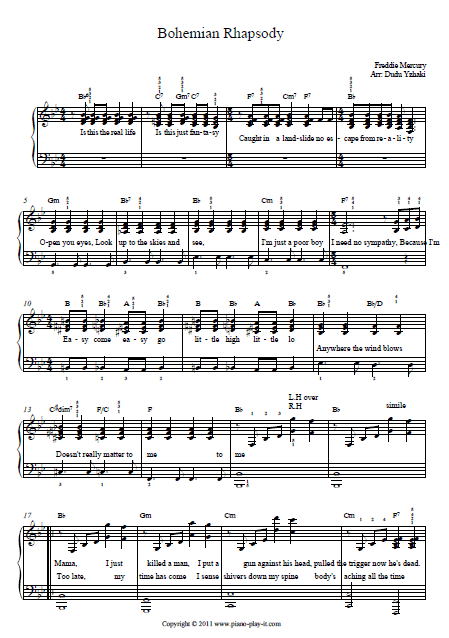 Queen Bohemian Rhapsody Piano Tab Piano Tab