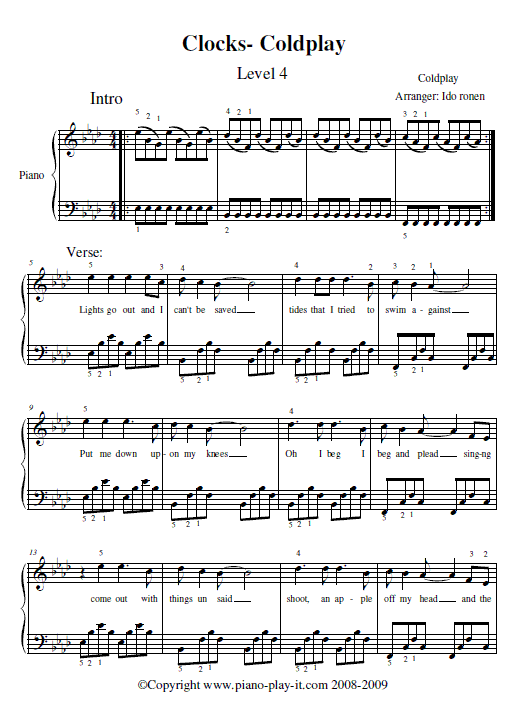 Coldplay Clocks Piano Sheet Music Coldplay Clocks Piano Sheet Music