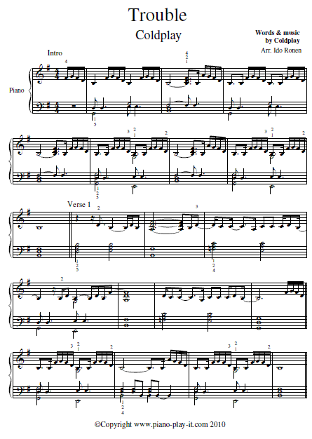 Coldplay Trouble Piano Sheet Music