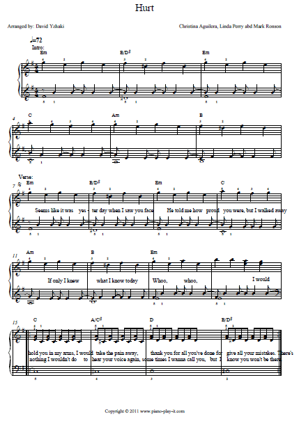 Hurt Christina Aguilera Piano Tab