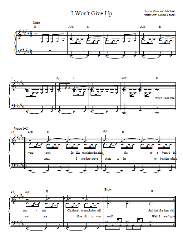 Here's the I wont give up piano sheet music as played in the tutorial....