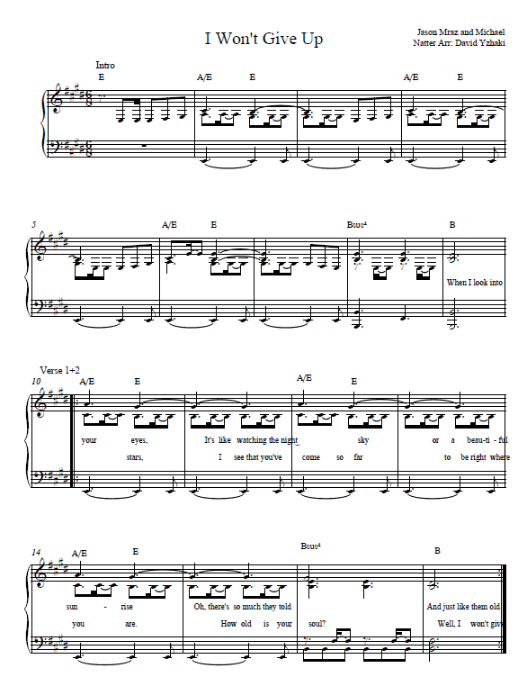 I won't give up Piano Sheet Jason Mraz