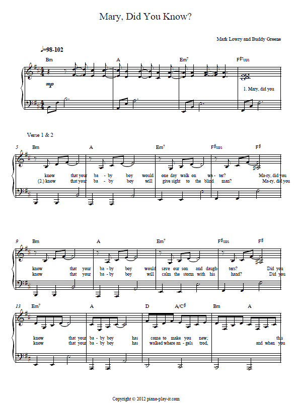 Free sheet music and lyrics for mary did you know