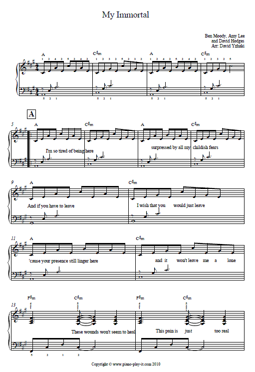 Evanescence My Immortal Piano Tab