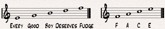 A nice way to remember the notes on the lines (E,G,B,D,F=Every Good Boy Deserves Fudge) and note between the lines = FACE)