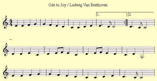 An example of using the first and second ending in Ode to Joy by Beethoven