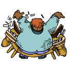 An cartoon of a silly man making a mess while playing the piano.