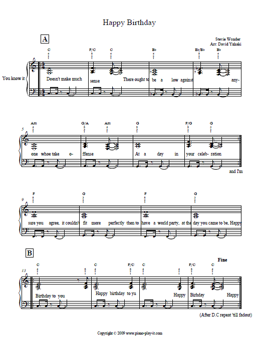 Stevie Wonder Happy Birthday Piano Tab