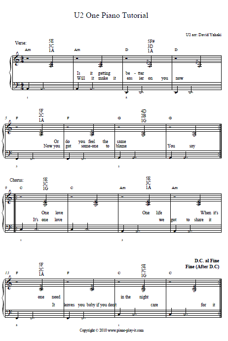 U2 one 1 Piano Tab