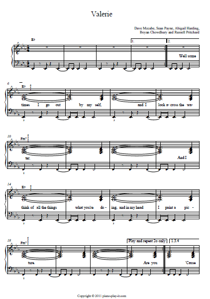 Amy Winehouse Valeria Piano Sheet