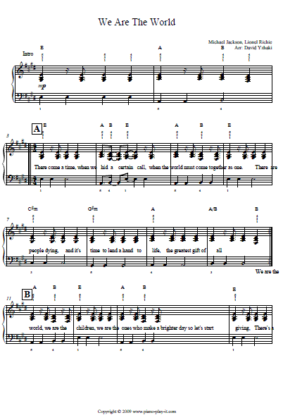 Michael Jackson We Are The World Piano Tab.