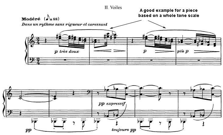 The whole tone scale in a the second prelude for piano by Debussy