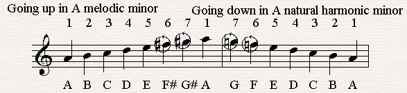 Going up in A melodic minor and down in A natural minor.