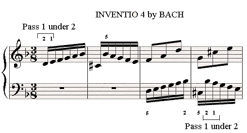 Passing 1 under 2 in the 4th Invention by Bach.