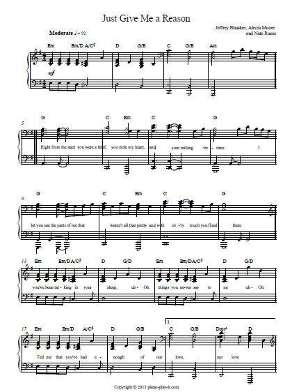 Just give me a reason Piano sheet