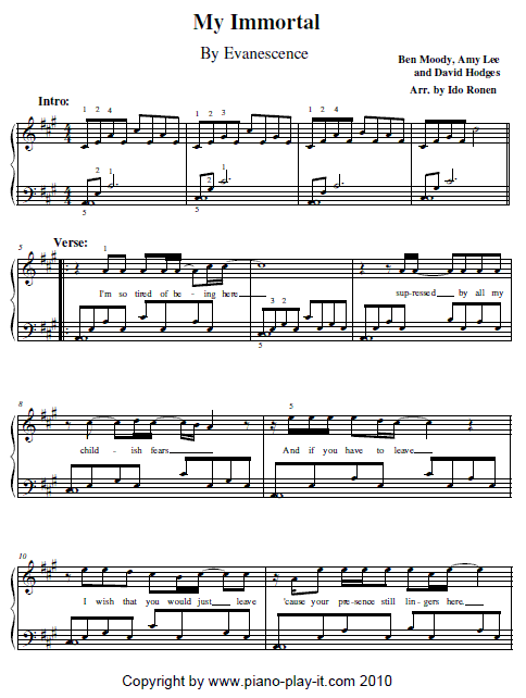 Evanescence My Immortal Piano Tab