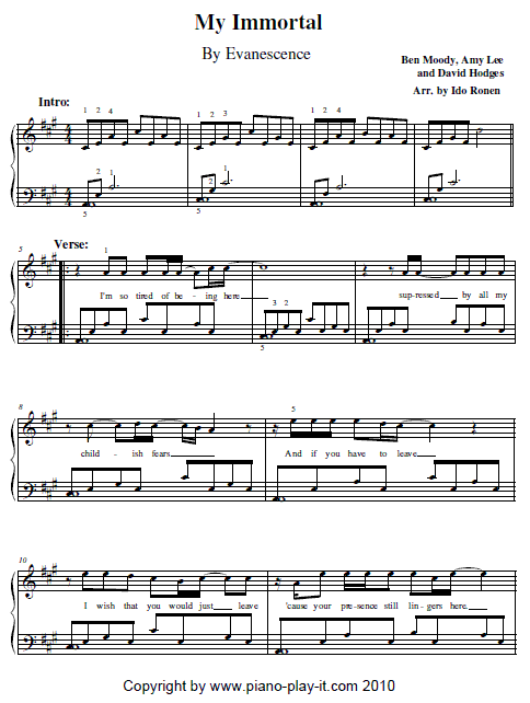 Evanescence My Immortal Piano Sheet Music
