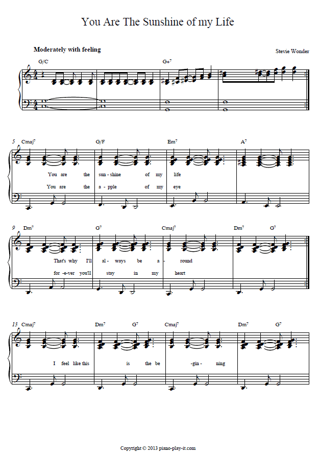 You are the Sunshine of my Life Piano Tab