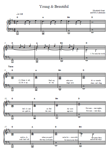 Young and Beautiful Lana Del Rey Sheet Music