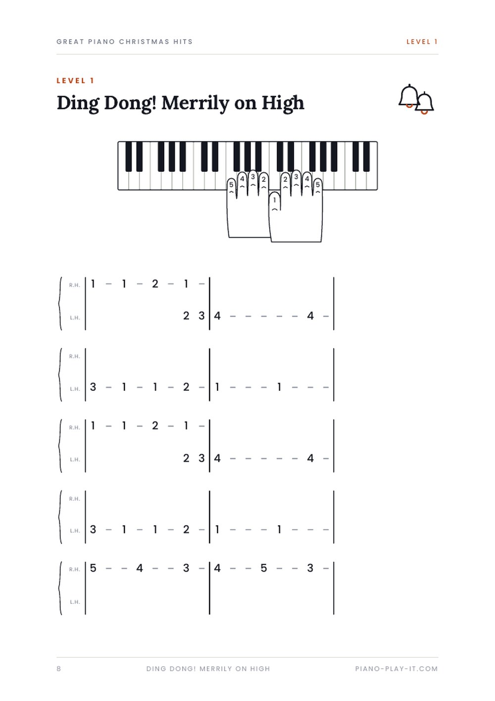 A page from Great Piano Christmas Hits: a drawing of the hand on the keys, and the carol written as finger numbers, one box for each beat